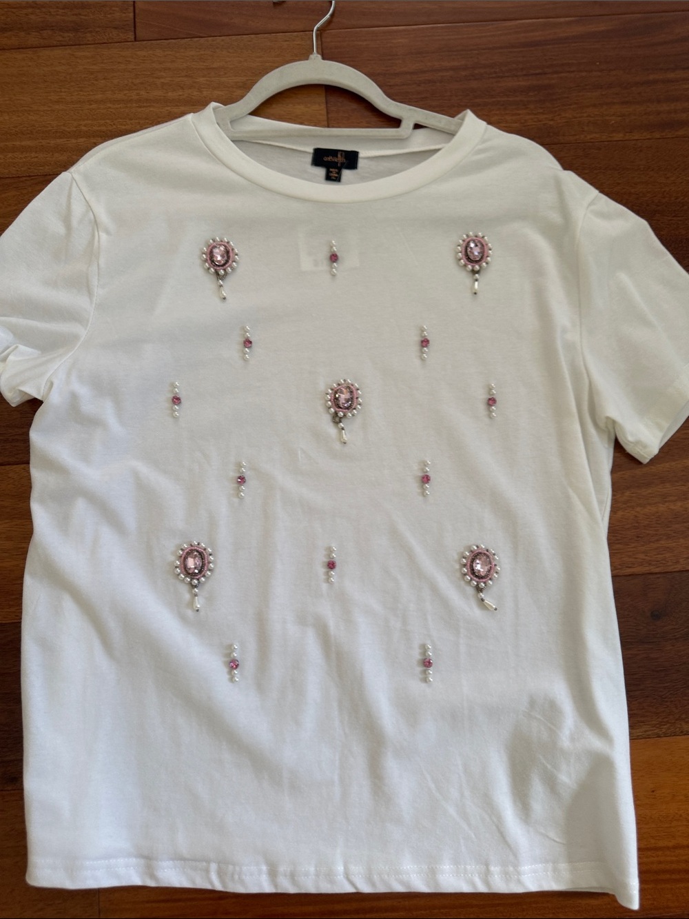 Celine White Short Sleeve Tee with Pink Bead & Pearl Embellishments - New
